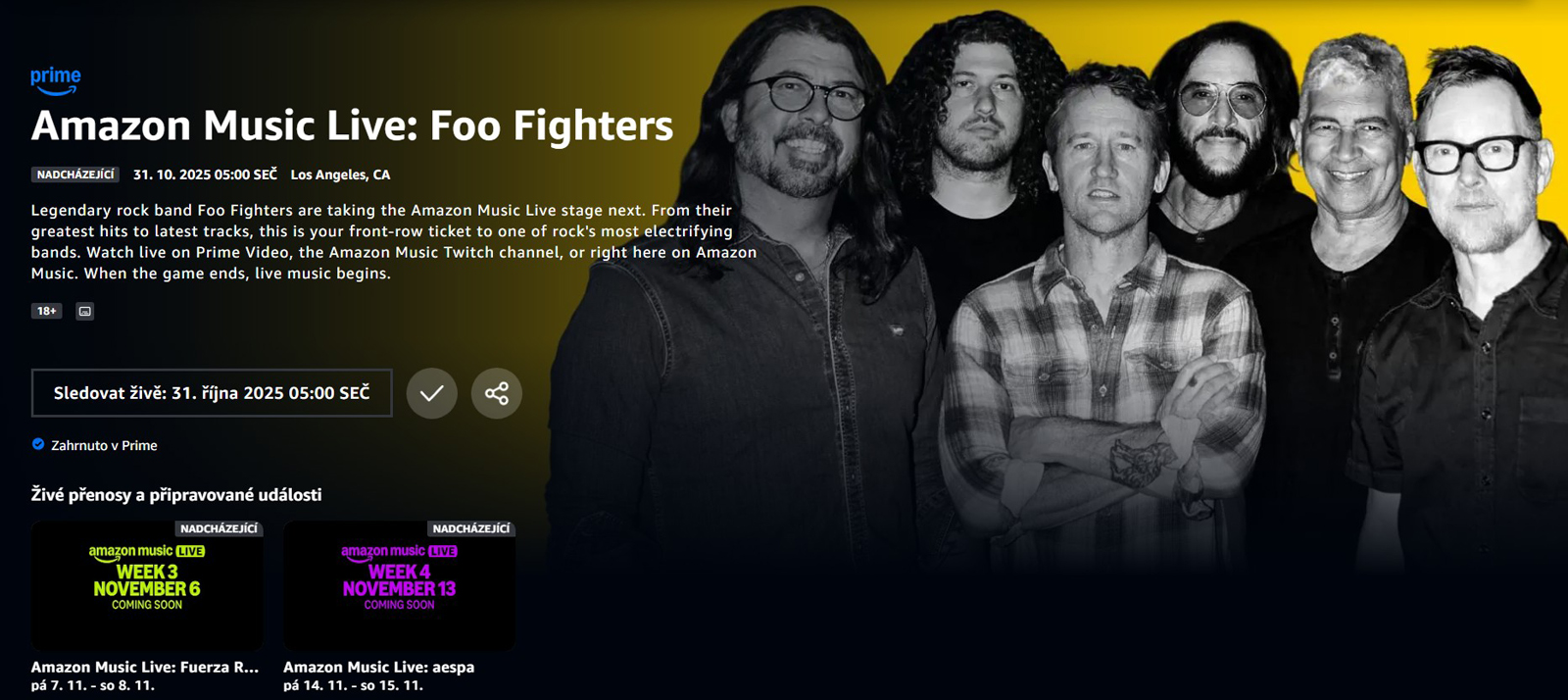 Stránka ke koncertu Foo Fighters na Prime Video